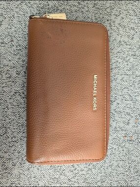 Michael Kors Cognac Pebble Leather Zip Wallet with Gold Logo